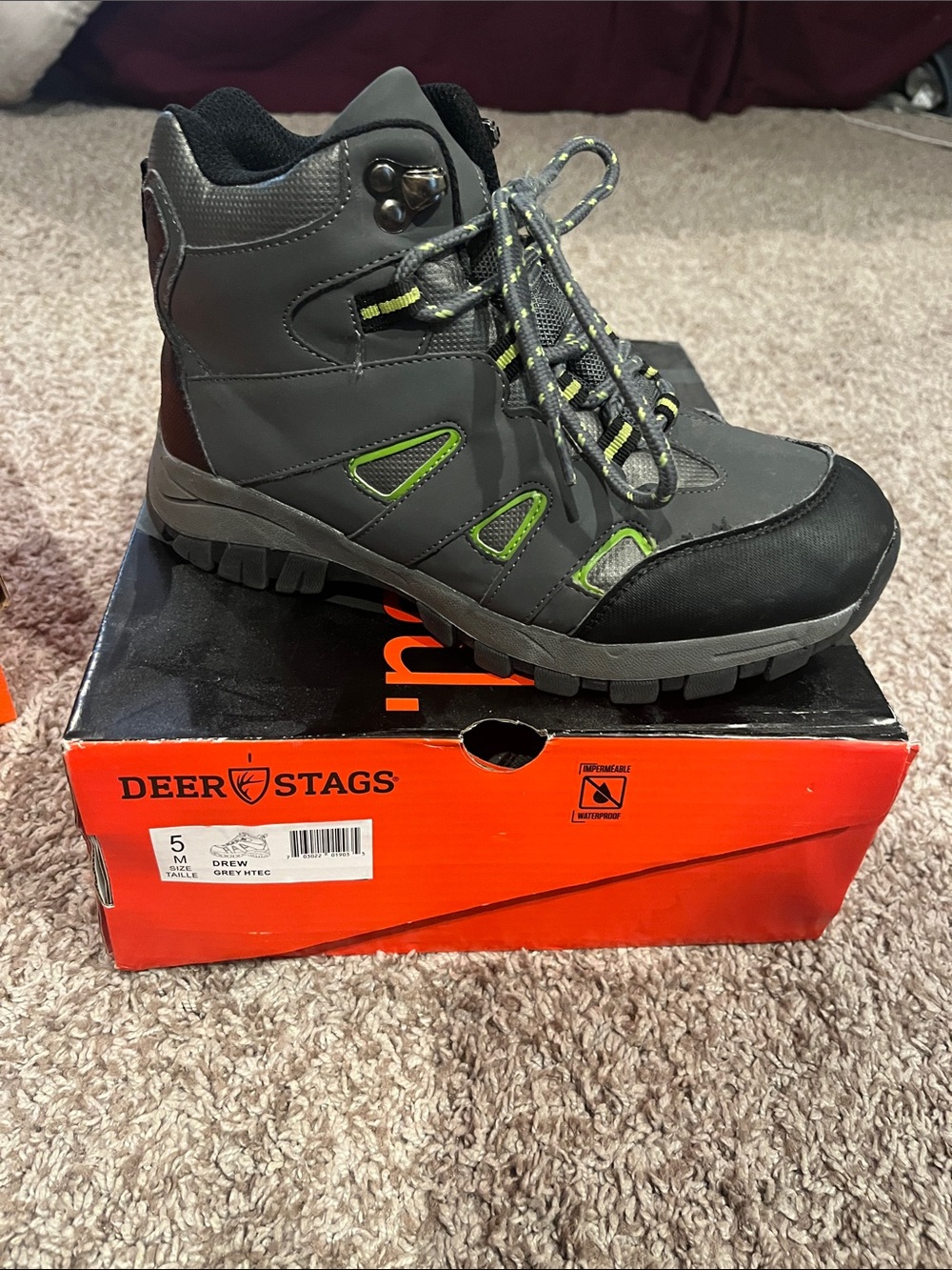 Deer Stags Gray Hiking Boot with Neon Green Accents - Boys 5